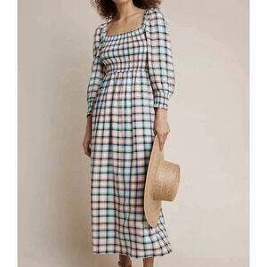 Anthropologie Maeve Cerie Smocked Plaid Maxi Dress Boho Bohemia Milk Maid Small